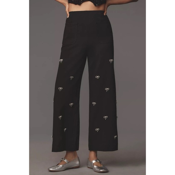 NWT Anthropologie The Colette Cropped Wide Leg Pants Maeve Bow Sequin Black - Picture 1 of 17